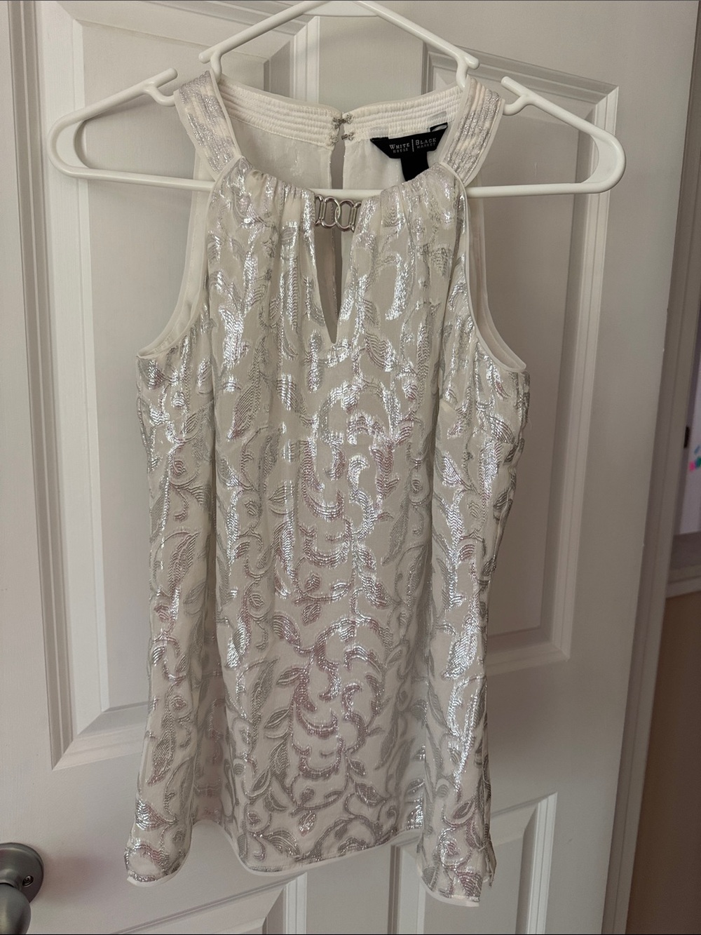 White House Black Market Ivory Silk Metallic-Accent Halter Top
